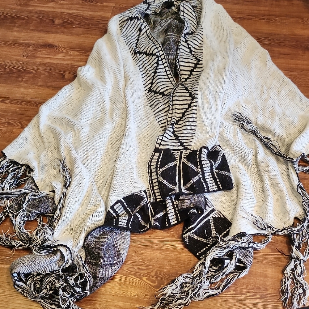 Poof! Black and Cream Poncho Sweater